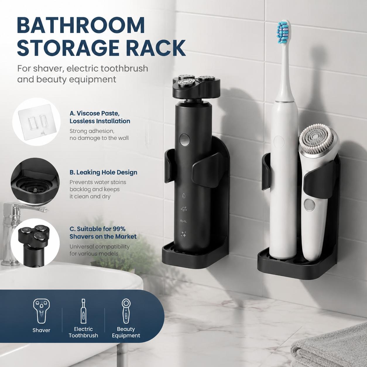 Home Essentials Bathroom Accessories - Portaspazzolino autoadesivo senza foratura, impermeabile, da